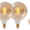 Lot de 2 ampoules LED douille E27, 5 watts D: 12,5cm, métal et verre, ambre