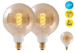 Lot de 2 ampoules LED douille E27, 5 watts D: 12,5cm, métal et verre, ambre