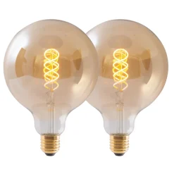 Lot de 2 ampoules LED douille E27, 5 watts D: 12,5cm, métal et verre, ambre