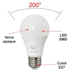 Lot de 10 ampoules LED E27 8,8W 806Lm 3000K - garantie 5 ans