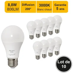 Lot de 10 ampoules LED E27 8,8W 806Lm 3000K - garantie 5 ans