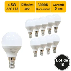 Lot de 10 ampoules LED E14 4,5W 330Lm 3000K - garantie 5 ans