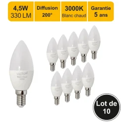 Lot de 10 ampoules LED E14 4,5W 330Lm 3000K - garantie 5 ans