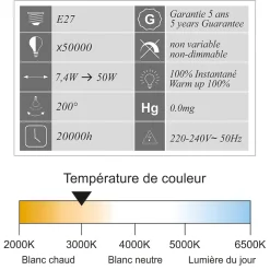 Lot de 10 ampoules LED E27 7,4W 650Lm 3000K - garantie 5 ans