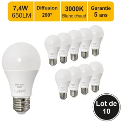 Lot de 10 ampoules LED E27 7,4W 650Lm 3000K - garantie 5 ans