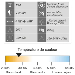 Lot de 10 ampoules LED E14 4,9W 470Lm 2700K - garantie 5 ans