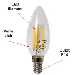 Lot de 10 ampoules LED filament E14 flamme 6W 750Lm 2700K - garantie 2 ans