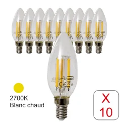 Lot de 10 ampoules LED filament E14 flamme 6W 750Lm 2700K - garantie 2 ans