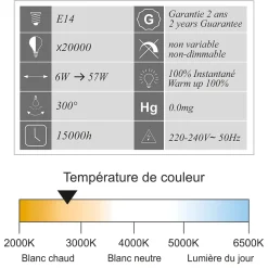 Lot de 10 ampoules LED filament E14 6W (équiv. 57w) 750Lm 2700K - garantie 2 ans