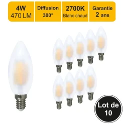 Lot de 10 ampoules LED filament E14 4W 470Lm 2700K - garantie 2 ans