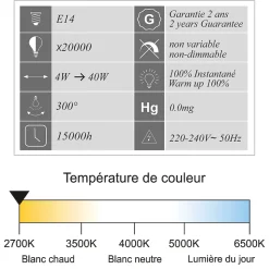 Lot de 10 ampoules LED filament E14 4W 470Lm 2700K - garantie 2 ans
