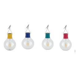Lot de 4 ampoules solaire culot coloré à suspendre- Hauteur 24,5cm- 4 LED COB filament blanc chaud par ampoule- 3 Lumens