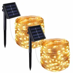Lot de 2 guirlandes solaires extérieur lumineuses jardin, terrasse - Ampoules LED 8 modes - 7 m - Blanc chaud - Linxor