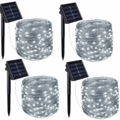 Lot de 4 guirlandes solaires extérieur lumineuses jardin, terrasse - Ampoules LED 8 modes - 7 m - Blanc froid - Linxor
