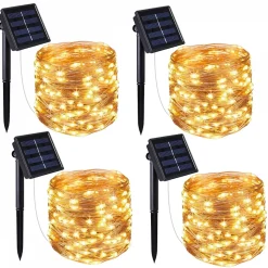 Lot de 4 guirlandes solaires extérieur lumineuses jardin, terrasse - Ampoules LED 8 modes - 12 m - Blanc chaud - Linxor