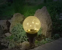 Lot de 3 lampes de table piquets solaires LED Crackle D 12cm extérieur plastique verre blanc LED intégrées