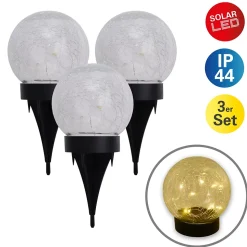 Lot de 3 lampes de table piquets solaires LED Crackle D 12cm extérieur plastique verre blanc LED intégrées