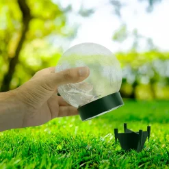 Lot de 3 lampes de table piquets solaires LED Crackle D 12cm extérieur plastique verre blanc LED intégrées