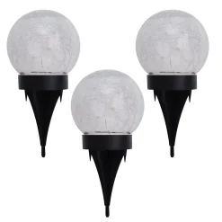 Lot de 3 lampes de table piquets solaires LED Crackle D 12cm extérieur plastique verre blanc LED intégrées