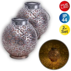 Lot de 2 lampes LED décoratives solaires D: 18 cm Décoration extérieure en métal argenté avec LED intégrées