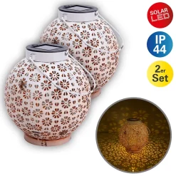 Lot de 2 lampes solaires décoratives à LED D: 18 cm Décoration extérieure en métal blanc avec LED intégrées