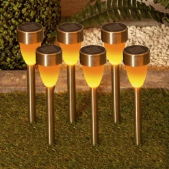 Lot de 6 lampes solaires d'extérieur à LED avec piquet de terre en métal couleur inox et plastique, avec LED intégrée