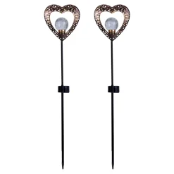 Lot de 2 lampes solaires LED cœur avec piquet de terre jardin terrasse métal noir or hauteur 59cm