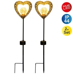 Lot de 2 lampes solaires LED cœur avec piquet de terre jardin terrasse métal noir or hauteur 59cm