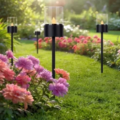 Lot de 4 piques décoratives solaires FUEGO avec effet flamme H : 37 cm