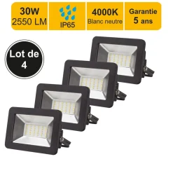 Lot de 4 projecteurs LED 30W/IP65/IK10/2700lm/4000K connexion directe - sans câble - garantie 5 ans