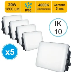 Lot de 5 projecteurs LED 20W/IP65/IK10/1800lm/4000K connexion directe - sans câble - garantie 5 ans