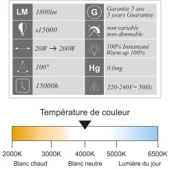 Lot de 5 projecteurs LED 20W/IP65/IK10/1800lm/4000K connexion directe - sans câble - garantie 5 ans