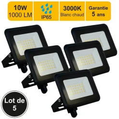 Lot de 5 projecteurs LED 10W /IP65/1000lm/3000K connexion directe - sans câble - garantie 5 ans