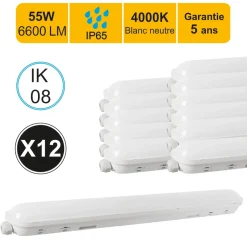 Lot de 12 réglettes LED étanche 1500mm 55W 6600 LM 4000K IP65 - interconnectable - garantie 5 ans