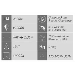 Lot de 12 réglettes LED étanche IP65 50W 6000lm - 3CCT - traversant - garantie 3 ans