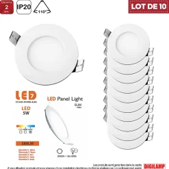 Lot de 10 Spot Encastrable Led Downlight Panel Extra plat 5w Blanc Froid 6000k