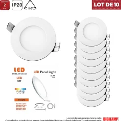 Lot de 10 Spot Encastrable Led Downlight Panel Extra plat 6w Blanc Froid 6000k, Diamètre 120mm