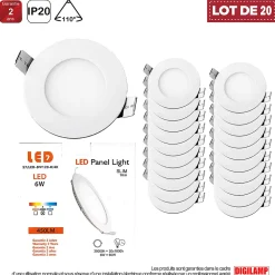 Lot de 20 Spot Encastrable Led Downlight Panel Extra plat 6w Blanc Neutre 4000k, Diamètre : 120mm