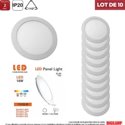 Lot de 10 Spot Encastrable Led Downlight Panel Extra plat 18w Blanc Chaud 3000k