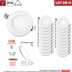 Lot de 20 Spot Encastrable Led Downlight Panel Extra plat 6w Blanc Froid 6000k, Diamètre : 120mm