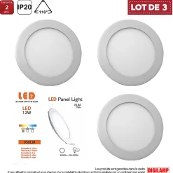 Lot de 3 Spot Encastrable Led Downlight Panel Extra plat 12w Blanc Chaud 3000k, Diamètre : 168mm