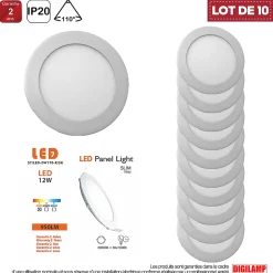 Lot de 10 Spot Encastrable Led Downlight Panel Extra plat 12w Blanc Chaud 3000k, Diamètre : 168mm