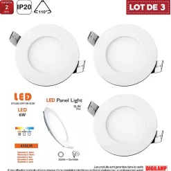 Lot de 3 Spot Encastrable Led Downlight Panel Extra plat 6w Blanc Chaud 3000k, Diamètre : 120mm