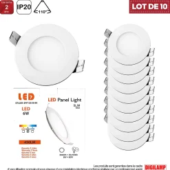 Lot de 10 Spot Encastrable Led Downlight Panel Extra plat 6w Blanc Neutre 4000k, Diamètre 120mm