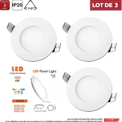 Lot de 3 Spot Encastrable Led Downlight Panel Extra plat 6w Blanc Froid 6000k, Diamètre 120mm