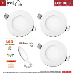 Lot de 3 Spot Encastrable Led Downlight Panel Extra plat 6w Blanc Neutre 4000k, Diamètre : 120mm