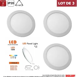 Lot de 3 Spot Encastrable Led Downlight Panel Extra plat 18w Blanc Froid 6000k