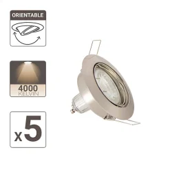 Lot de 5 Spots Encastrés Metal brossé - ORIENTABLE - Ampoule LED GU10 incluses - cons. 4W (eq. 50W) - 345 lumens - Blanc neutre