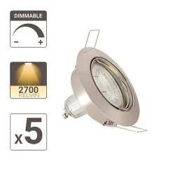 Lot de 5 Spots Encastrés Metal brossé - ORIENTABLE - Dimmable - Ampoule LED GU10 incluses - cons. 5W (eq. 50W) - Blanc chaud