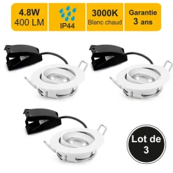 Lot de 3 spots LED encastrable IP44 orientable - salle de bain - 4,8W 400 LM 3000K - garantie 3 ans